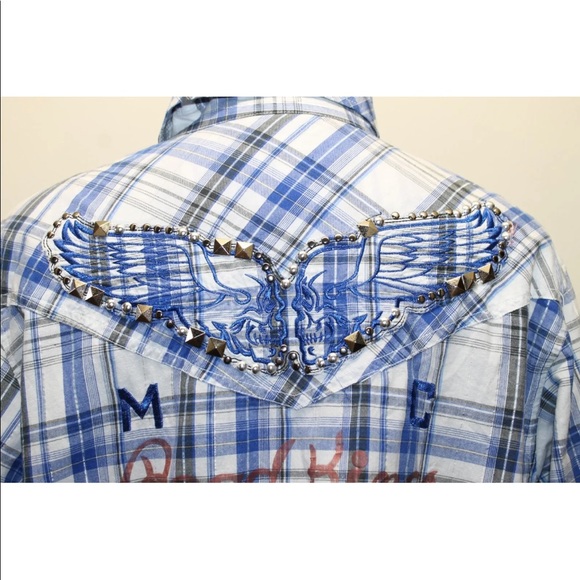 Parish Road Kings Plaid Blue Pearl Snap Metal Studs Embroidered Western Cowboy - Picture 9 of 10